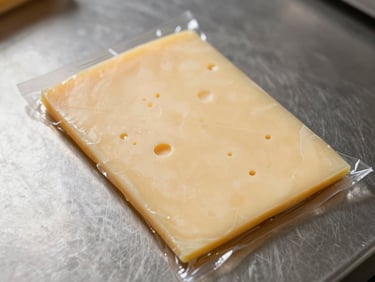 Overhead close-up of individually wrapped cheese slices in commercial packaging on a stainless steel surface, neutral studio lighting, food-safe environment