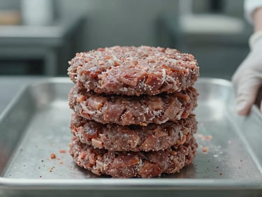 Straight-on close-up of stacked frozen burger patties on a metal tray in a commercial kitchen context, cool neutral daylight, food-safe gloves visible at edge, clean background
