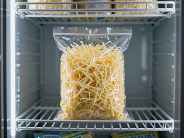 Straight-on shot of a sealed commercial bag of shredded mozzarella cheese on a cold steel shelf inside a commercial freezer, cool fluorescent lighting, packaging clearly visible