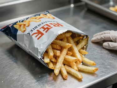 Close-up straight-on shot of a commercial bag of frozen french fries on a stainless steel prep surface, cool studio lighting, food-safe gloves nearby, no plate styling