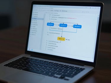 Close-up of a laptop screen showing a PostgreSQL schema diagram with table relationships, cool blue ambient light, dark desk surface, no person visible