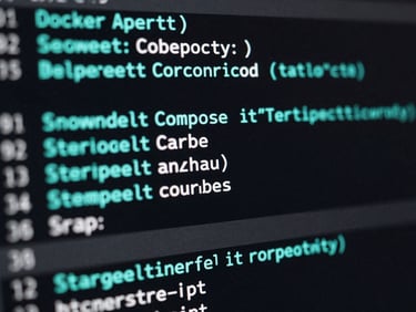 Close-up of a Docker Compose terminal output showing service startup logs in monospace, cyan and white text on near-black background, cool screen glow, no person visible