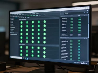 Wide shot of a deployment dashboard on screen showing green build status indicators and environment variable config panel, cool screen glow, dark ambient, no person