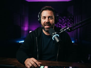 Medium shot of a professional podcaster speaking into a high-end black microphone with a glowing blue ring light, vibrant neon purple backlighting, dark soundproofed studio cabin walls, sharp key light, 35mm lens