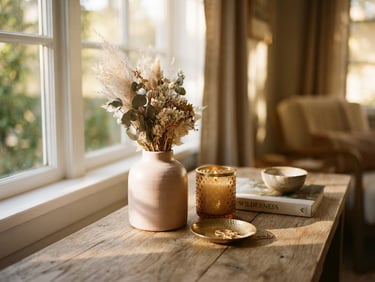 A warm editorial shot of sun-dappled home decor on a natural wooden surface, soft golden-hour window light, shallow depth of field, 35mm.