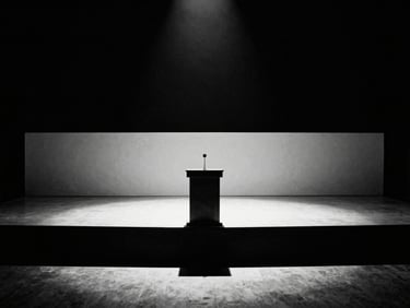 Cinematic wide shot of a political rally stage, empty just before an event, with dramatic lighting, deep shadows, a microphone at the podium, high-contrast, 35mm film look