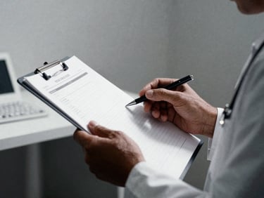 Tight shot of a doctor's hands reviewing a medical chart in a well-lit, minimalist clinic, sharp focus, deep shadows, high-contrast, 35mm film look