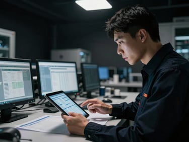 Technician reviewing data on a tablet in a clean, modern logistics control room, focused hands, high contrast, cinematic photography.