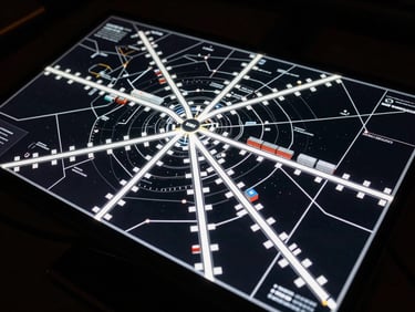 Overhead shot of a complex shipping route map on a large monitor, glowing lines, dark room, high contrast, cinematic photography.