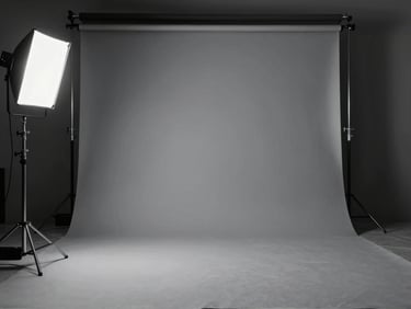 Wide environmental shot of an empty photography studio with a grey seamless backdrop, a lighting rig and C-stand in the foreground, silver key light on the left, deep shadow on the right side of the frame, no people