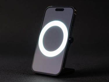 Close-up of a vertical smartphone on a minimal dark stand with a ring light reflected in the screen surface, cyan rim light on the phone edges, deep shadow background, no people, no text
