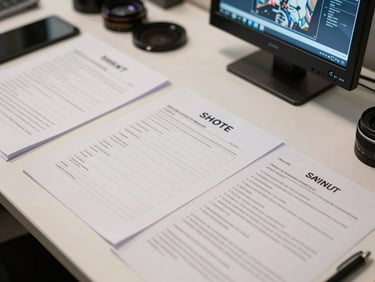 Overhead close-up of a pre-production planning table — script pages, a shot list, a lens filter set, and a small monitor displaying a storyboard frame, cool white overhead light, no people