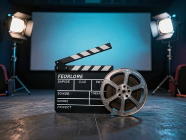 Wide-angle low shot inside a cinema set, a clapperboard resting against a film reel canister on a dark floor, multiple light rigs visible in the background, blue-cyan practical lighting, no people