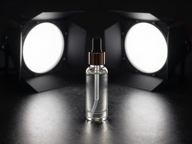 Overhead studio shot of a luxury skincare product bottle on a dark reflective surface, two precision strobe lights creating hard specular highlights on the glass, isolated on near-black, no people