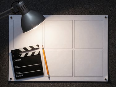 Overhead environmental shot of a storyboard grid pinned to a dark corkboard, a director's viewfinder and pencil beside it, single focused desk lamp casting sharp light, no people, no text