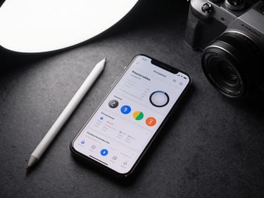 Overhead flat-lay of a mobile phone showing a social media analytics dashboard, a stylus, and a compact camera on a dark textured surface, cool white studio light from above, no people