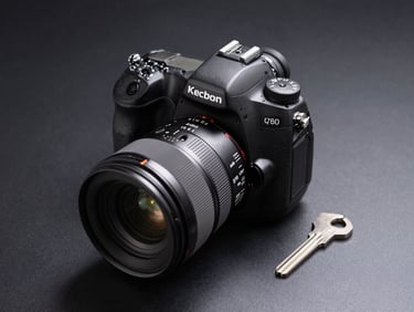 Overhead close-up of a professional DSLR camera body and prime lens on a matte black surface, a single silver key light casting a crisp shadow to the right, no text or people