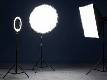 Wide shot of a ring light and boom microphone arranged in a controlled studio space, deep navy background, cyan-tinted rim light on the equipment edges, no people, no text
