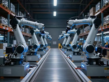Symmetrical wide shot of an automated industrial warehouse floor, cool low-key studio lighting with sharp electric blue highlights, robotic arms aligned along a clean assembly line, high detail