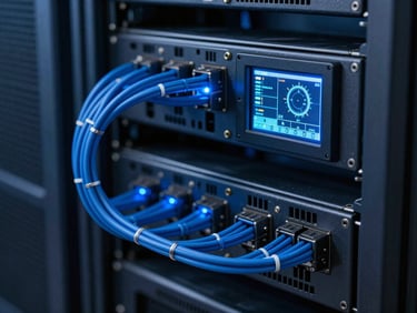 Macro shot of high-speed server rack cabling, cool blue directional highlights, sharp industrial telemetry dashboard visible on a small screen