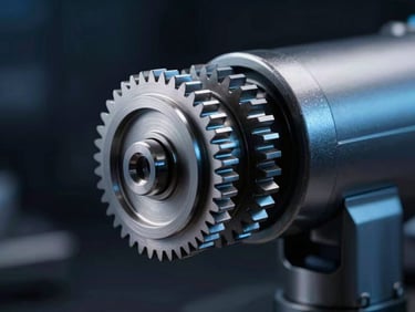 Close-up of a mechanical robotic joint, precise stainless steel gears, cool low-key studio lighting with white highlights