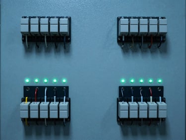 Symmetrical shot of an industrial control panel with precise wiring and green LED indicators, technical minimalism