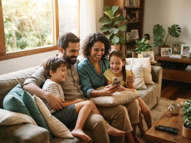 A warm lifestyle photograph of a Brazilian family sitting on a couch in a sunlit living room, smiling while looking at a smartphone screen, showcasing relief and comfort. Soft teal accents, shallow depth of field, 35mm.