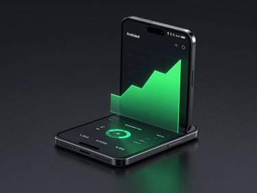Sleek 3D render of a modern Android device showing a high-fidelity dark mode UI with glowing green charts, isometric angle, octane render