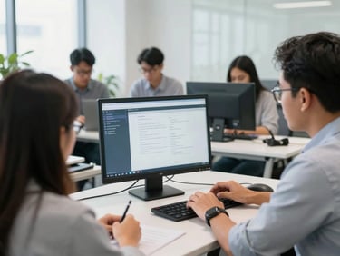 Local Indonesian staff in a bright modern office attending a hands-on software training session, over-the-shoulder shot, professional lighting