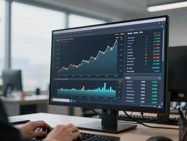 Wide-angle view of a performance dashboard on a large monitor in a clean office environment, overcast daylight from left, upward-trending ROAS and CPA line charts clearly visible on screen, a hand on the keyboard in the foreground, cool neutral tones