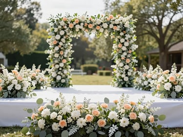 Wide shot of a wedding stage decorated with lush white and peach flowers, sage green leaves, bright natural morning daylight, elegant setup.
