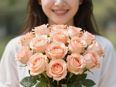 Close-up of a smiling woman holding a lush pastel peach rose bouquet, bright natural morning daylight, shallow depth of field