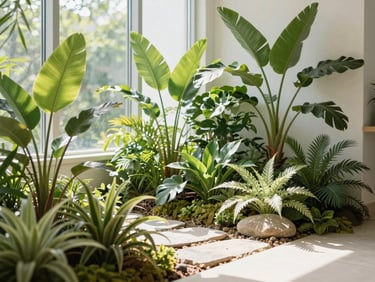 Lush green indoor garden installation with tropical plants and small stone path, bright natural daylight filtering through a window.