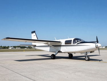 A training aircraft parked on the tarmac of Ponta Grossa airport under a clear blue sky, bright crisp daylight, professional aviation photography, 35mm