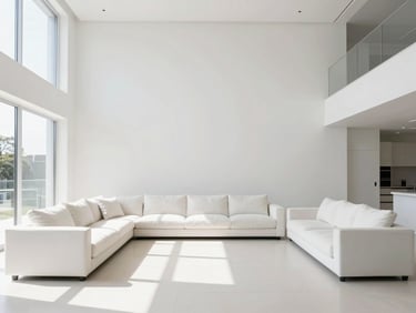Wide architectural shot of a pristine modern living room, bright natural daylight, high contrast, clean white balance, premium finish