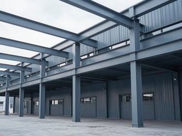 Wide desaturated shot of a modern clean industrial facility with structured steel beams and soft natural lighting.