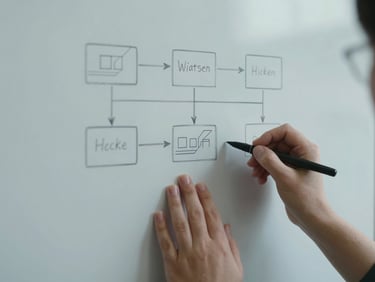 Close-up of hands sketching a workflow diagram on a clean white whiteboard, cool natural side-lighting, desaturated slate tones