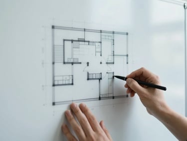 Close-up of desaturated architectural blueprint lines and hands sketching a workflow layout on a clean whiteboard.