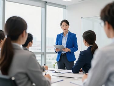 A professional consultant presenting strategy to local business owners in a bright daylight office room, 35mm