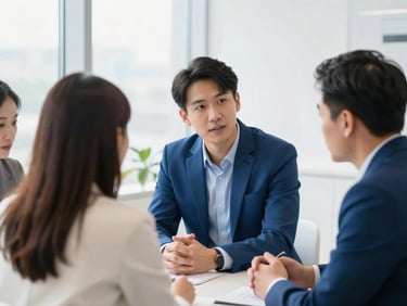 Close-up of active business discussions in a bright, modern corporate lounge, natural daylight, professional people, 35mm