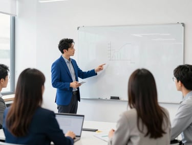 A collaborative workshop session with professional partners reviewing a whiteboard in a bright, airy studio, 35mm