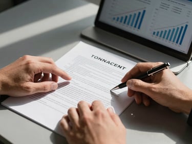 Candid, tight crop of hands reviewing a structured legal contract alongside a modern digital interface showing marketing growth analytics, high-contrast natural light, sharp clean shadows