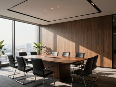 Wide architectural environmental shot of a modern corporate boardroom in New Delhi, sharp geometric shadows, minimalist aesthetic, high-contrast natural light.