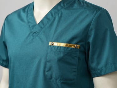 Crisp studio photography of premium teal medical scrubs on a mannequin, highlighting double-stitched reinforced seams, sharp high-contrast light, 85mm