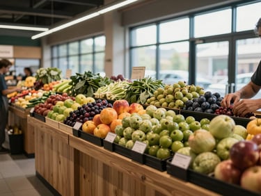 Wide environmental shot of a modern food market stall at morning setup — produce arranged on wooden tables, natural light from high windows, vendor hands adjusting a display of seasonal fruit