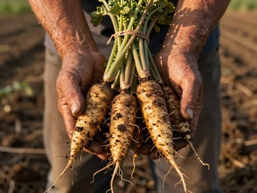 Hands of a farmer holding freshly harvested root vegetables against an earthy field background in golden afternoon light, soil and texture visible, no staging