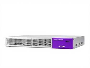Crisp product shot of OpenVox UC120P IP PBX equipment, clean white backdrop, bright high-key lighting.