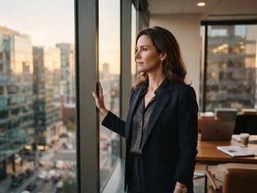 A professional environmental portrait of a female executive looking thoughtfully out of a modern office window, warm natural daylight, soft depth of field.