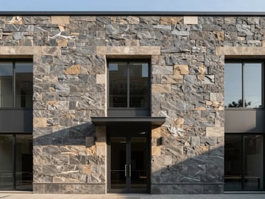 Symmetrical architectural elevation of a modern commercial facade with slate gray flexible stone cladding, crisp afternoon shadows