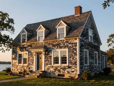 A completed historic New England home on the Connecticut shoreline at golden hour, featuring pristine hand-laid stone foundation and weathered cedar siding.